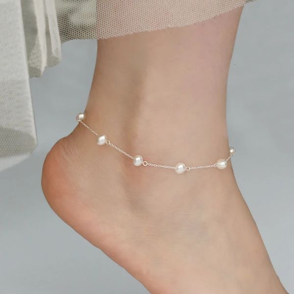 Tornozeleiras Ashiqi 925 Sterling Silver Anklet Natural Pearl Chain Bohemian Vintage Calçado Perna Pulseiras Feminino Pé Jóias 231027