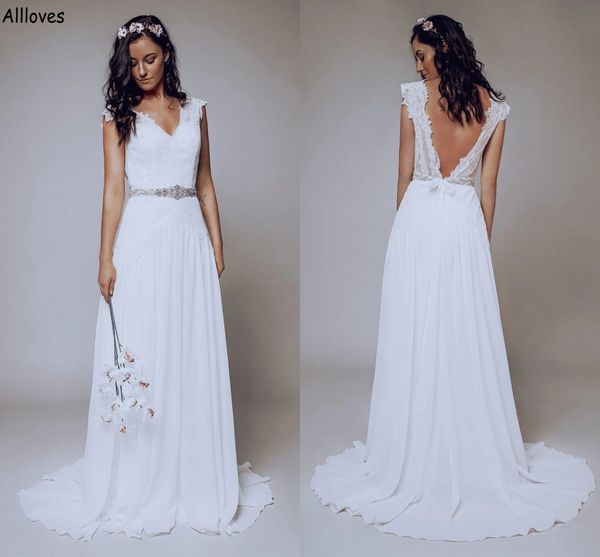 V Neck Sexy A Linha Vestidos de Noiva Backless Elegante Chiffon Boho Branco Lace Beach Garden Vestidos De Noiva Com Strass Cinto Sweep Train Noiva Robes de Mariee CL2830