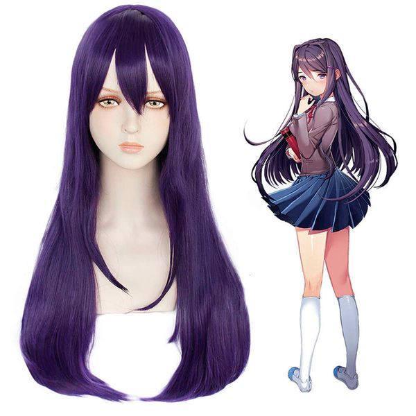 Trajes de Catsuit DDLC Doki Literatura Clube Yuri Cosplay Roxo Longo Resistente ao Calor Cabelo Sintético Festa Role Play Perucas + Peruca Cap