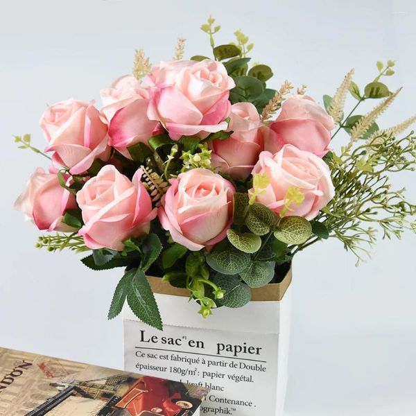 Flores decorativas rosa buquê de flores artificial rosa vermelho decoração de casamento 12 cabeças de seda rosas falsas flores decoração de casa ramo