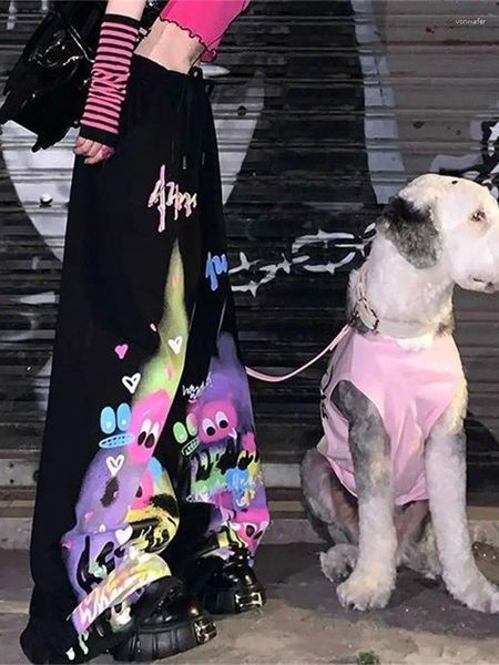 Calças de brim femininas punk harajuku engraçado impressão preto outono femme moda gótico meninas ulzzang perna larga reta hip hop calças