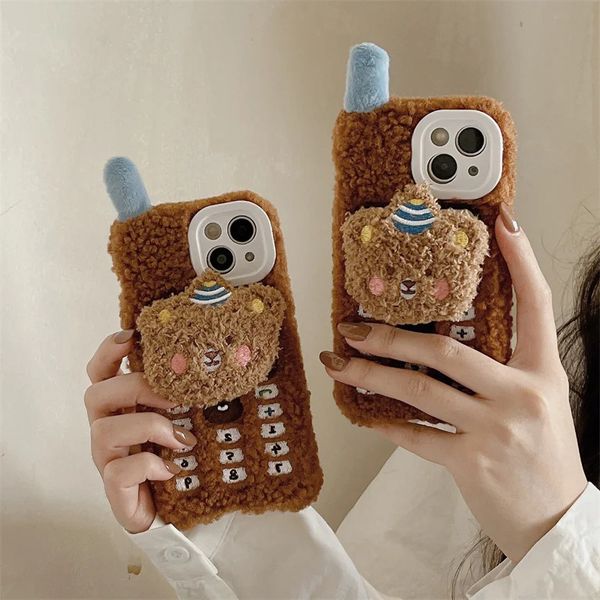 Casos de telefone celular Coreano 3D Cute Bear Plush Phone Case Adequado para iPhone 15 Pro 11 12 13 14 Pro Max Soft Case Cartoon Fur Capa Protetora Fofa para Mulheres 231026