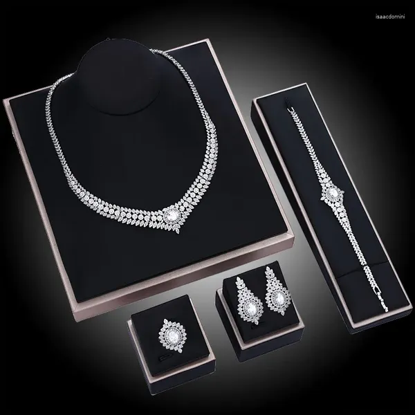 Collana orecchini set lusso 4 pezzi zirconi cubici Dubai braccialetto da sposa anello accessori per gioielli da sposa da donna