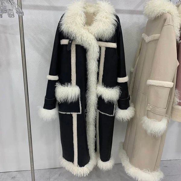 Kadınlar Deri Uzun Gerçek Shearling Ceket Orijinal Kuzu Dinek Sıcak Yün Kış Çift Yüz Ceket ZJ6055