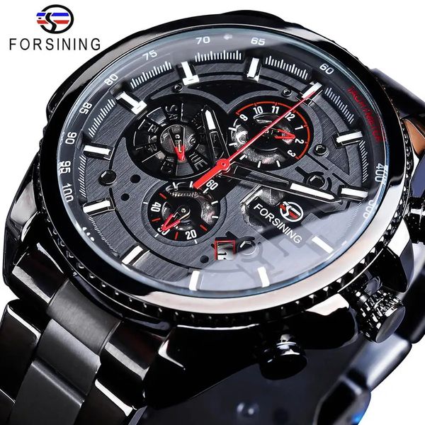 Relógios de pulso Forsining Três Dial Calendário Aço Inoxidável Homens Mecânicos Automáticos Relógios Top Marca Luxo Militar Esporte Masculino Relógio 231027