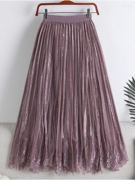 Юбки TIGENA, кружевная длинная юбка из тюля, женская 2023, осень-зима, элегантная, однотонная, на бархатной подкладке, трапециевидная, с высокой талией, плиссированная, сетчатая, женская