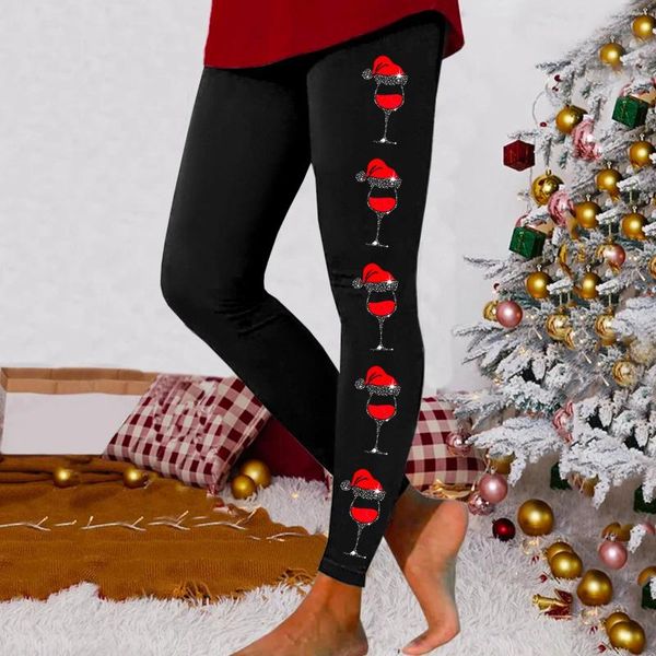Pantaloni sportivi da donna Natale Yoga Bicchieri da vino rosso Stampa Leggings Pantaloni elasticizzati a vita alta Collant sportivi senza cuciture Ropa Deportiva Mujer