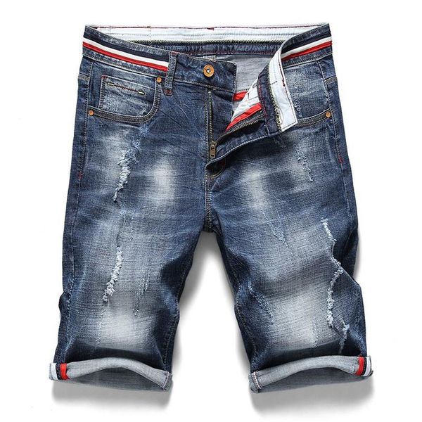 Shorts masculinos casuais rasgados jeans marca lavado algodão fino ajuste moto denim moda elasticidade buracos de alta qualidade bermuda270a
