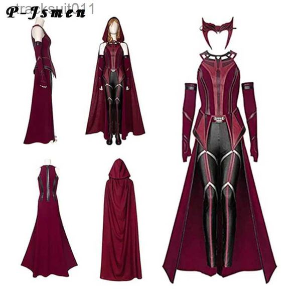 Trajes de anime P-Jsmen Fe Wanda Maximoff Cosplay Venha Scarlet Witch Headwear Manto e Calças Conjunto Completo Outfit Acessórios de Halloween Adereços L231027