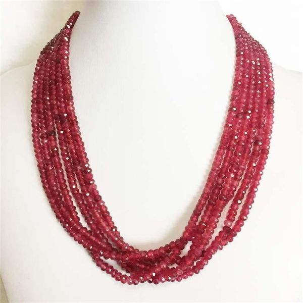 Facetada 3 4mm 1 3 6 camada elegante pedra natural jóias artesanal nobre claro verde esmeraldas rubis vermelhos grânulo cordão colar chains275o