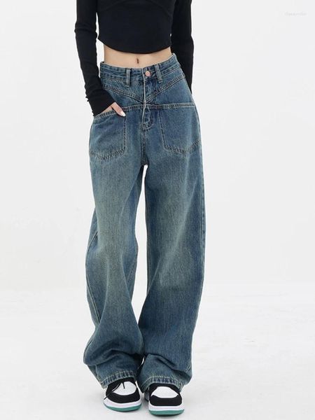 Jeans da donna per donna 2023 Primavera Autunno Retro pantaloni larghi a gamba larga blu a vita alta Office Lady Slouchy Jean