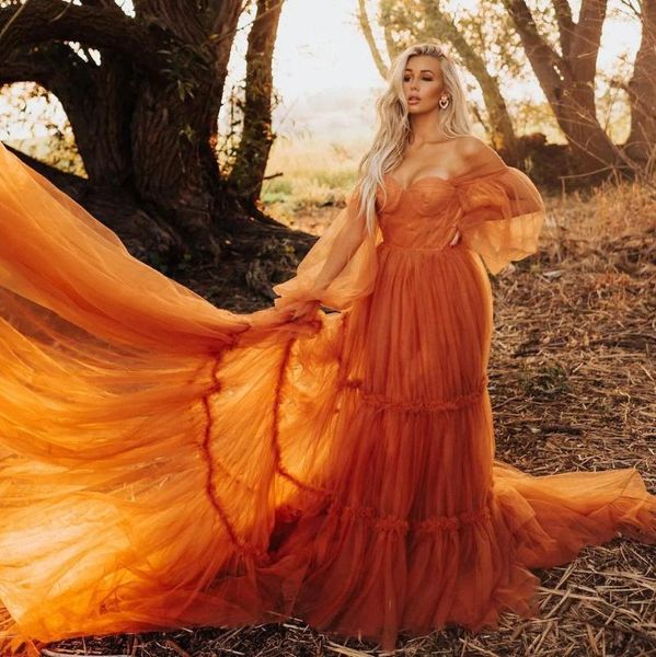 Vestidos casuales Poshoot Extra Tulle Mujeres para boda Naranja Mangas exuberantes Vestidos de fiesta hechos a medida Vestido de Fiesta