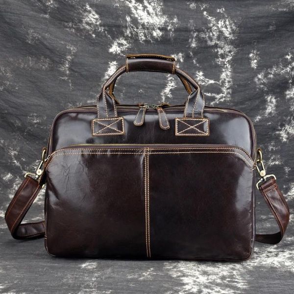 Aktentaschen Vintage Öl gewachst echtes Leder Laptop Aktentasche für Männer Business Handtasche männliche Mode Schulter Sling Bag Messenger M538