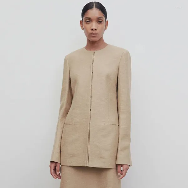 Ternos femininos therow minimalista em torno do pescoço terno jaqueta feminina 2023 modelos de outono e inverno moda casual blusa solta algodão linho