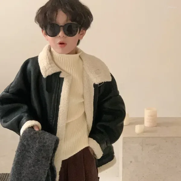 Giacche Cappotto per bambini 2023 Ragazzo invernale Stile coreano Giacca in pelle con collo in pelliccia casual Cerniera spessa Bambini caldi alla moda