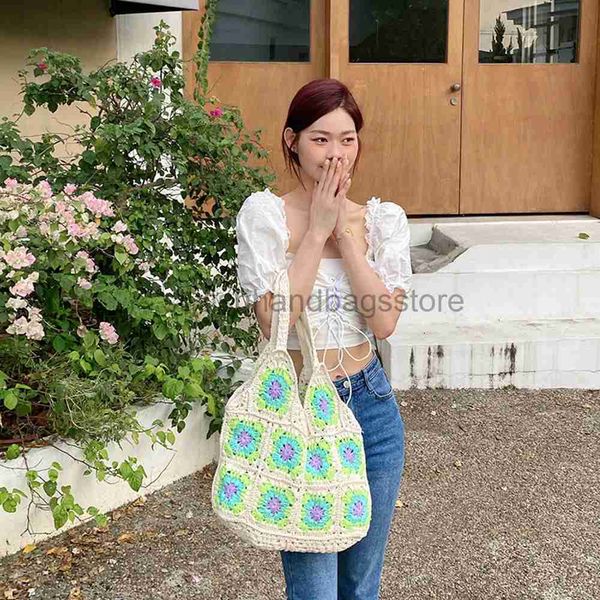 Bolsas de ombro mulheres tecidas bolsa de praia de verão fábrica floral fada tecelagem manual saco de crochê costura de flores shoppersylishhandbagsstore