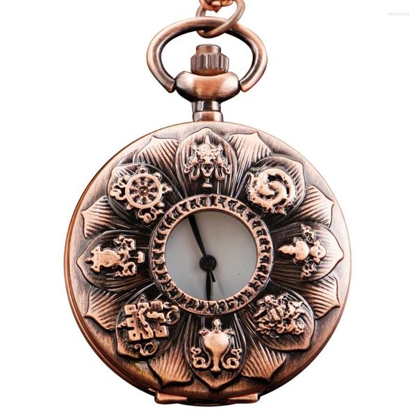 Orologi da tasca Rosso antico simbolo del puzzle a otto facce con catena Squisito orologio al quarzo Steam Punk Vintage Collana con pendente unisex