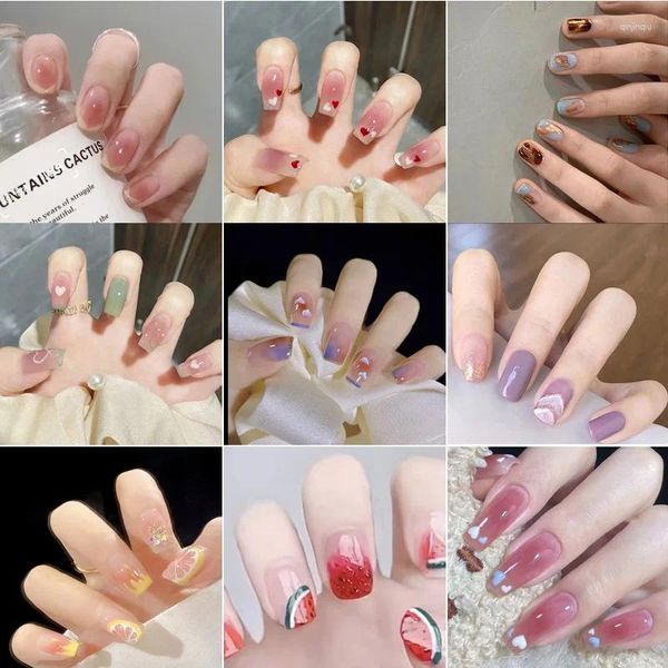 Unhas Falsas 24 pcs Estilo Francês Doce Strass Falso Prego Mulheres Moda Acrílica Dicas Cobertura Completa Press On