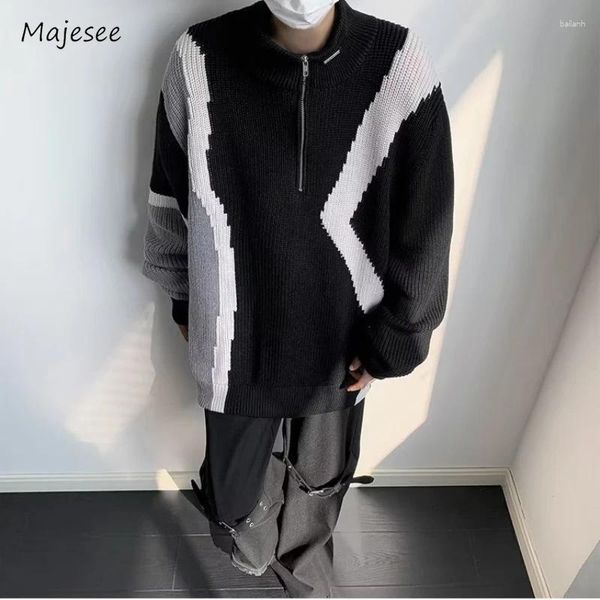 Camisolas masculinas mock neck homens inverno contraste cor bonito vitalidade adolescentes à prova de vento lazer streetwear estilo europeu diário chique