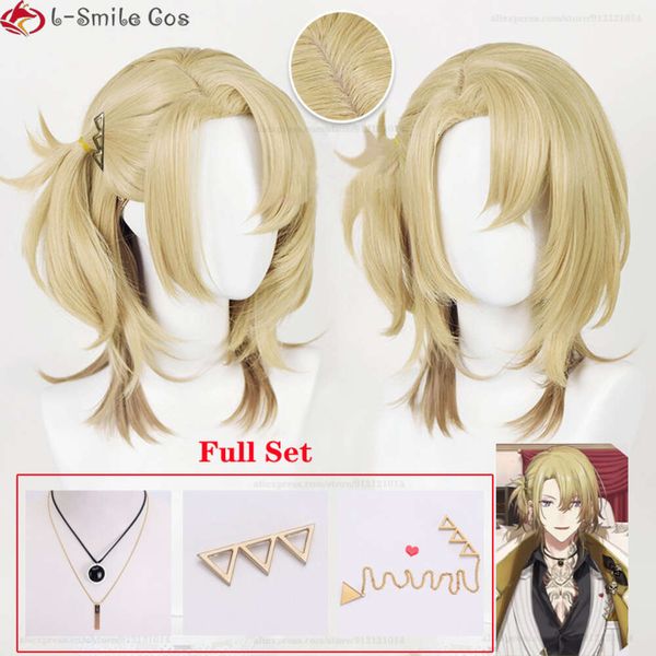 Trajes de Catsuit Vtuber NIJISANJI Luca Kaneshiro Cosplay Dourado Amarelo Resistente ao Calor Cabelo Sintético Anime Halloween Party Perucas + Peruca Cap