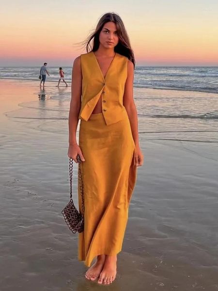 Vestidos de trabalho foridol colete saia 2 pçs vestido conjunto roupas femininas outono verão elegante fenda maxi terno escritório amarelo midi 2023