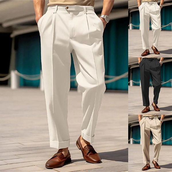 Calças masculinas moda homens grosso trabalho de negócios magro cor sólida simples casual botão reto terno calças masculino plus size 44x30 hombre