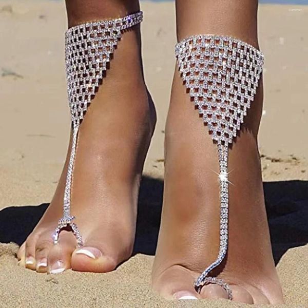 Hakemler Moda Seksi Kadınlar El Yapımı Rhinestone Instep Zincir Toe Mücevher 2pcs Plaj Çıplak Ayak Sandalet Ayak Accessori