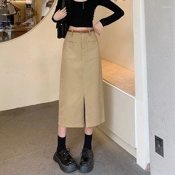 Saias Split Khaki Saia para Mulheres Verão Comprimento Médio Tubo Reto Hip Envoltório A-Linha 2023 Streetwear Casual Harajuku