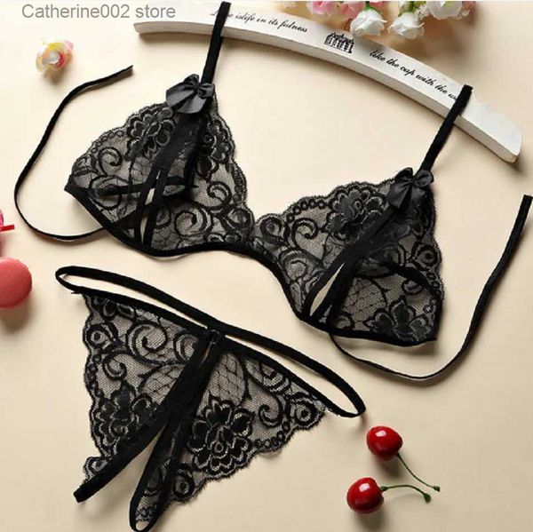 Set sexy Set lingerie sexy con lacci Set donna hot esotico con apertura sul cavallo Biancheria intima trasparente G-String Fasciatura bikini Set a tre punti T231027