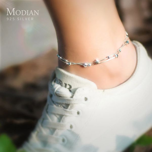 Ножные браслеты Modian двухслойные бусины со звездами, ножной браслет для женщин, натуральное серебро 925 пробы, модная цепочка для ног, звеньев ювелирных украшений, подарки 231027