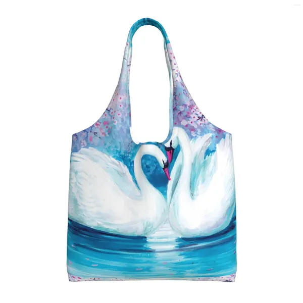 Sacos de compras Aquarela Paisagem Cisnes Reutilizável Mercearia Dobrável Tote Lavável Com Bolsa