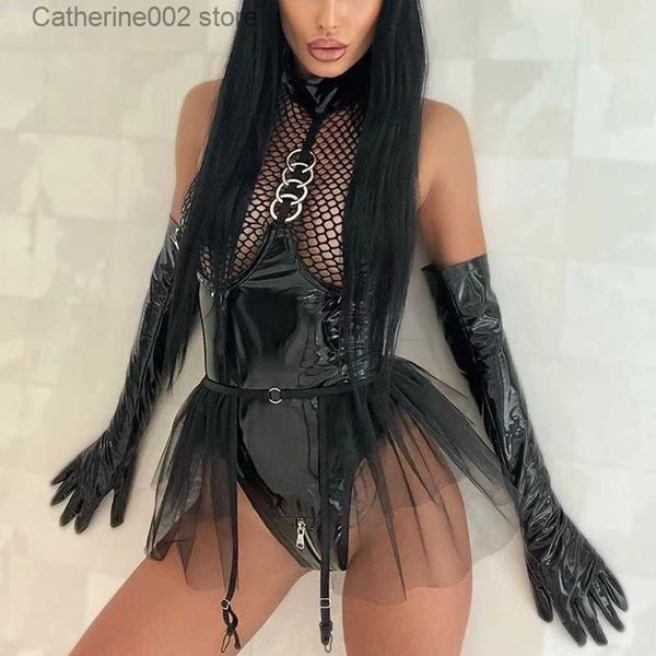 Set sexy Tute sexy Pelle nera Corpo porno Donna Biforcazione con cerniera Rete a rete Tuta in lattice Ruffle Giarrettiere Halter Sexy Come Sissy T231027