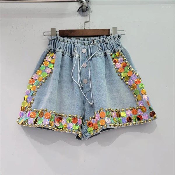 Jeans femininos mulheres verão colorido diamantes frisados jeans shorts artesanais strass pernas largas cintura alta elástica calças de lantejoulas