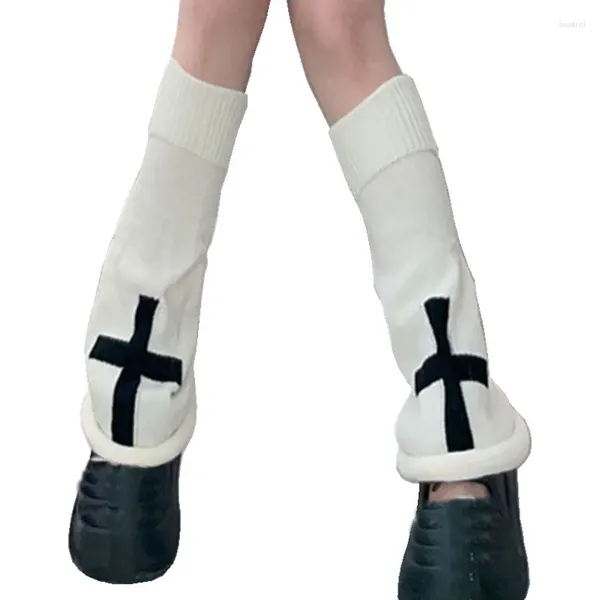 Women Socks Knit Autumn Winter Clothes Punk Style Cross Print Knee High Boot Cuffs Japanese Slouch Long