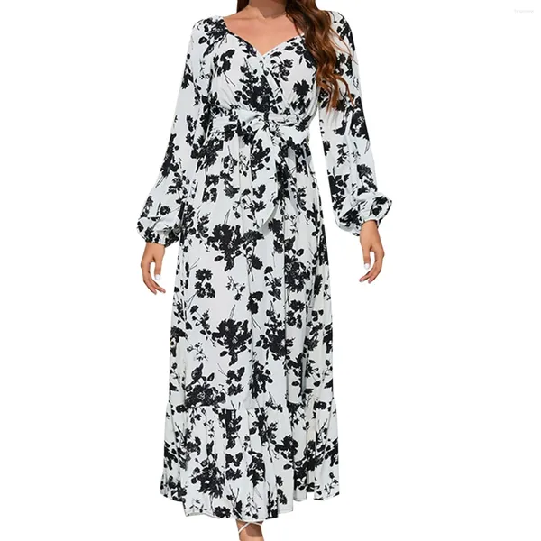 Abiti casual Stampa floreale Retro Abito con lacci in vita Boho Elegante scollo a V Manica lunga Abito quotidiano Abiti Para Mujer Elegantes Y Bonitos