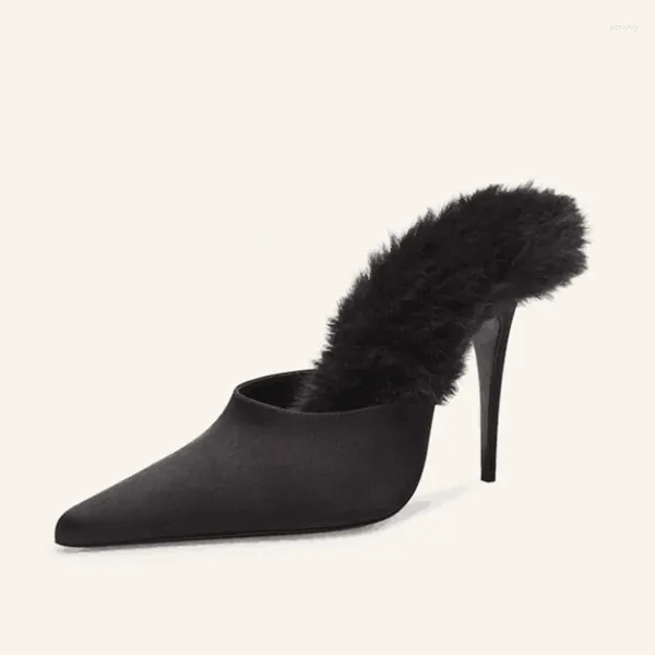 Сандалии на заказ, большой размер 45, женские модельные туфли без шнуровки на шпильке, вечерние туфли на тонком высоком каблуке, широкие шлепанцы на пушистом меху