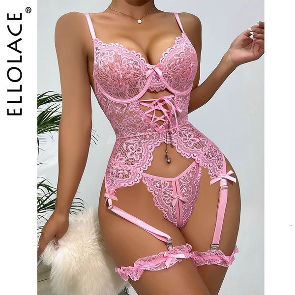 Conjunto Sexy Ellolace Lingerie Delicada Sem Costura Roupa Interior de Renda Fantasia Erótica 3 Peças Roupa de Sexo Aberto Crotchless Thongs Ver Através Íntimo 231027