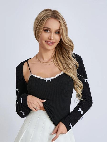 Damen Tanks Frauen Bolero Shrug Cardigan Pullover Set Y2k Häkelstrick Armärmel Langarm Crop Top und Cami Tank Weste