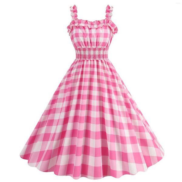 Abiti casual Elegante abito da festa scozzese estivo rosa Dolce fasciatura Retro Vintage anni '50 Grande altalena plissettata Rockabilly