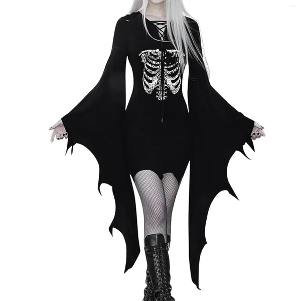 Vestidos casuais gótico esqueleto vestido de halloween estética bat manga mini medieval vampiro cosplay trajes bandagem festa magro