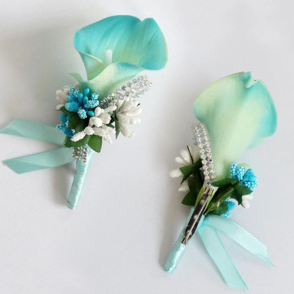 Dekoratif Çiçekler Düğün Partisi Dekoru Gelin Nedime Keytürler PU Calla Lily Brooch Damat Boutonniere Kadın Erkekler Pin Takım Korsage