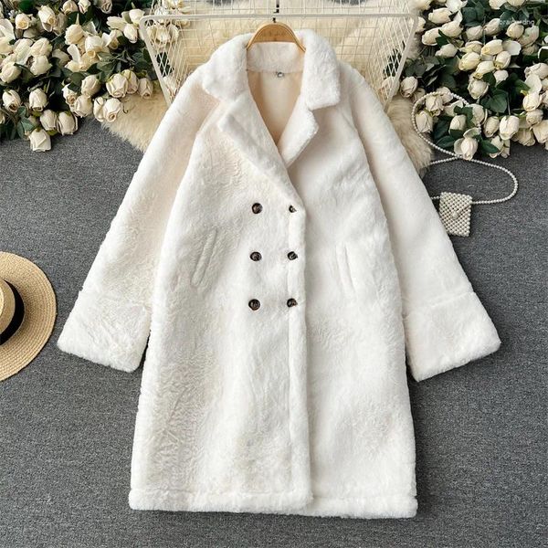 Pelliccia da donna Autunno Inverno Cappotto d'imitazione di media lunghezza Casual Allentato doppiopetto Risvolto Manica lunga Cappotto caldo finto femminile