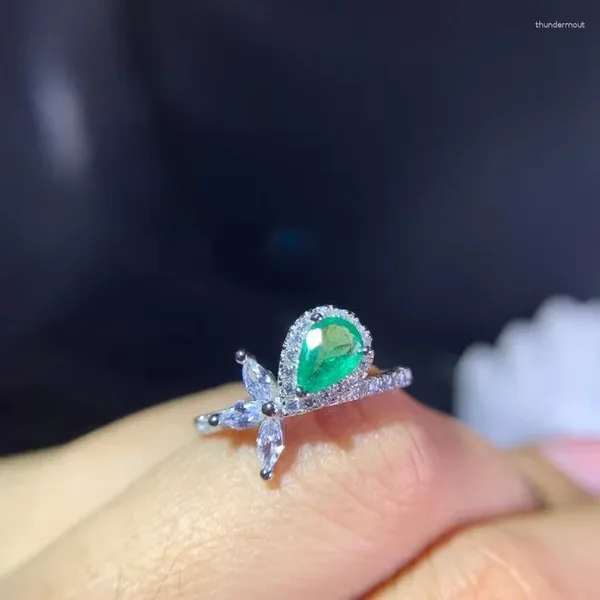 Anéis de cluster moda personalidade gota de água trevo natural verde esmeralda anel s925 prata gemstone feminino menina escritório jóias