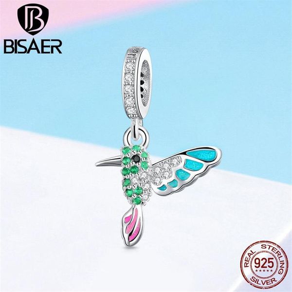 BISAER 925 Sterling Silver Hummingbird Bird Color CZ Charms Perline animali adatti per braccialetti per gioielli in argento 925 ECC991 Q335J