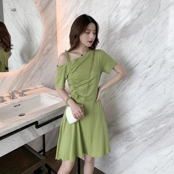 Abiti casual Abito verde avocado con coulisse coreano con spalle scoperte per donna Super Fairy Mori Style Senape A-Line