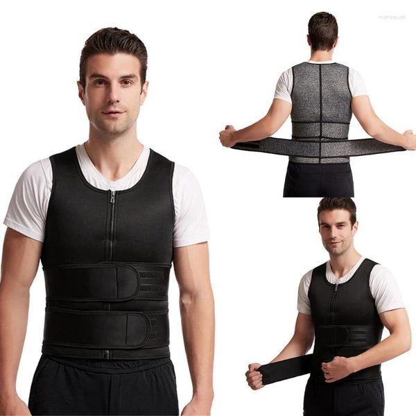 Shapers de corpo masculino sauna colete para homens zíper até cintura trimmer barriga controle duplo cinto suor topo