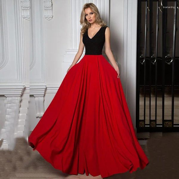 Vestidos de festa chegada laço preto uma linha vestidos de noite longo sem mangas decote em v casamento fundo vermelho comprimento total à venda