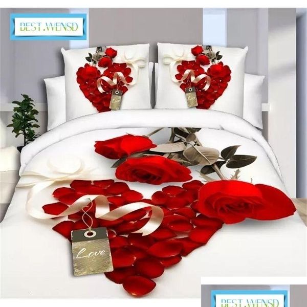 Set di biancheria da letto Set di biancheria da letto Trapunte 3D Er King Size Set 34 pezzi Copripiumino da sposa Federe Biancheria da letto con giglio rosa rossa Amore romantico 2 Dhss1