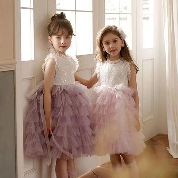 Mädchenkleider Einzelhandel Baby Mädchen Teenager Pailletten Mesh Kuchen Blumenkleid Prinzessin Kinder Süße Party Performance Kleidung 3-9T