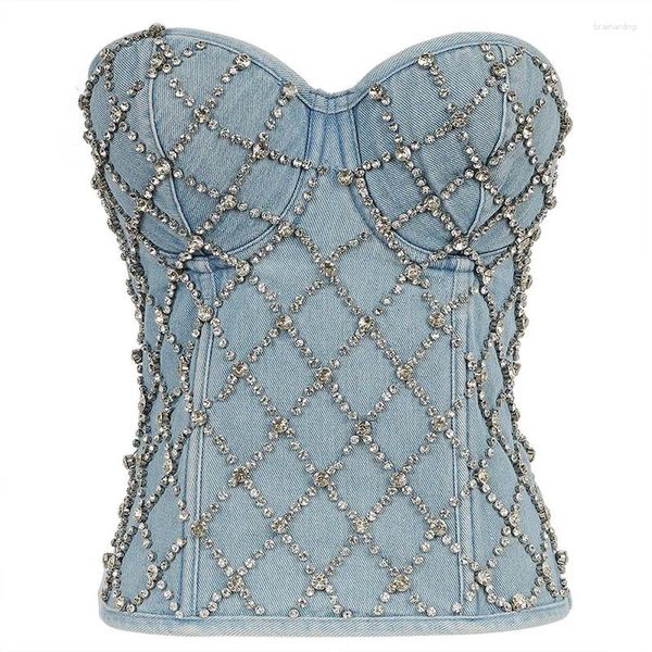 Tanques femininos Moda Mulheres Verão Luxo Diamante Jeans Ziper Laced Up Back Tube Top Push High Street Strapless Bustier Tops